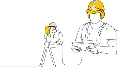 Caucasian worker with helmet on head using tablet Illustrazione stock