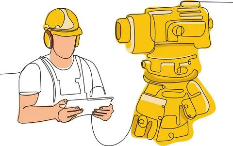 Caucasian worker with helmet on head using tablet Stock Illustration