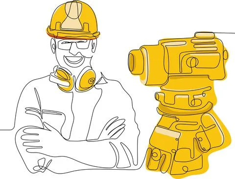 Caucasian worker with helmet on head using tablet Stock Illustration