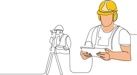 Caucasian worker with helmet on head using tablet Illustrazione stock