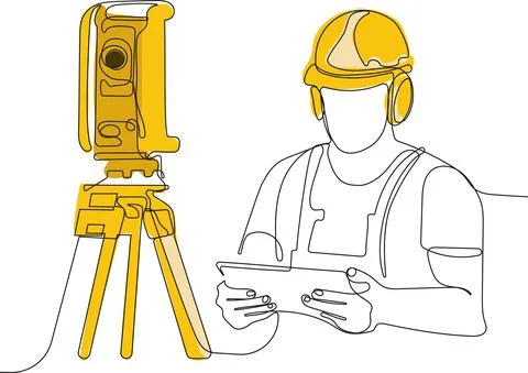 Caucasian worker with helmet on head using tablet Stock Illustration