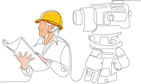 Caucasian worker with helmet on head using tablet Illustrazione stock