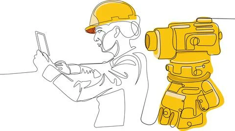 Caucasian worker with helmet on head using tablet Illustrazione stock