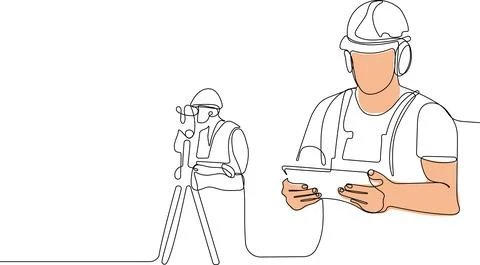 Caucasian worker with helmet on head using tablet Stock Illustration