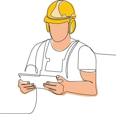 Caucasian worker with helmet on head using tablet Stock Illustration