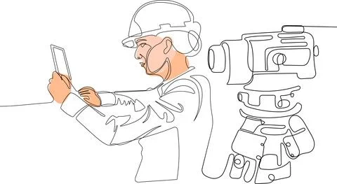 Caucasian worker with helmet on head using tablet Stock Illustration