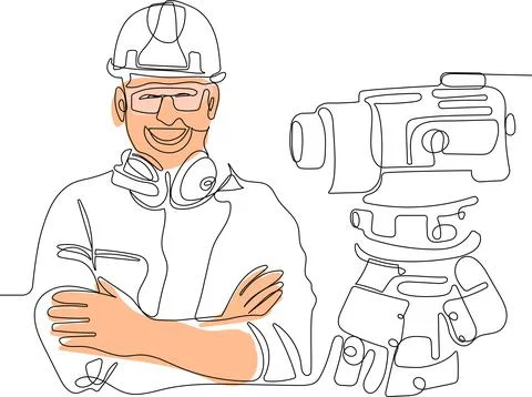 Caucasian worker with helmet on head using tablet Illustrazione stock