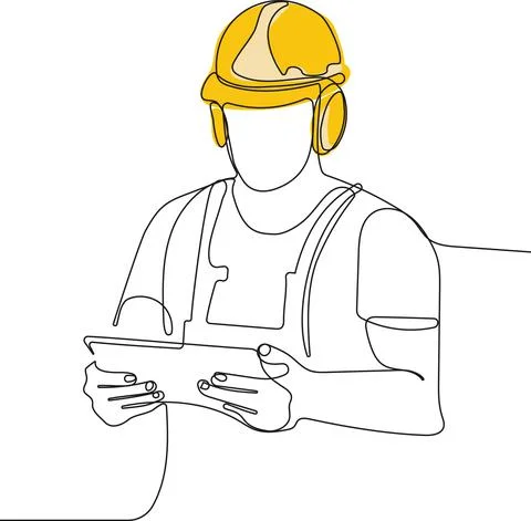 Caucasian worker with helmet on head using tablet Illustrazione stock