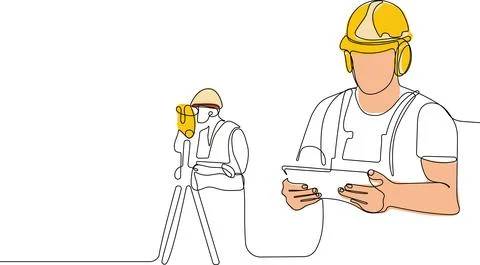 Caucasian worker with helmet on head using tablet イラスト素材