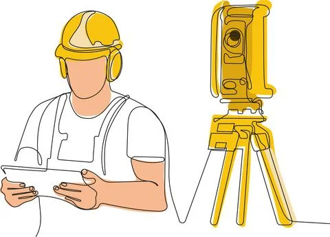 Caucasian worker with helmet on head using tablet Stock Illustration