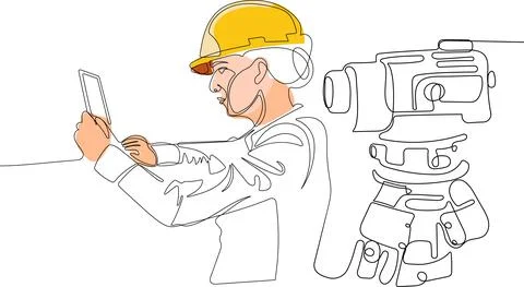 Caucasian worker with helmet on head using tablet Illustrazione stock