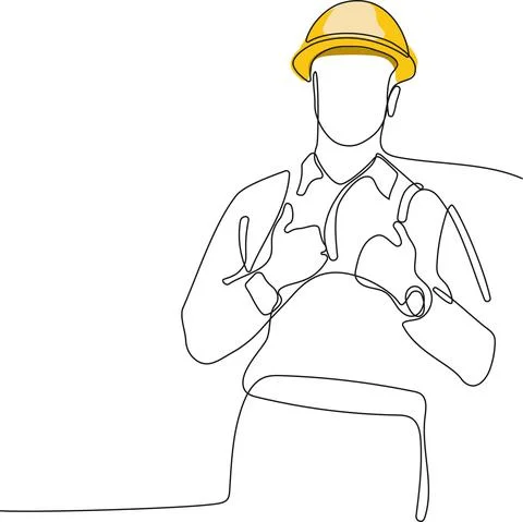 Caucasian worker with helmet on head using tablet Stock Illustration
