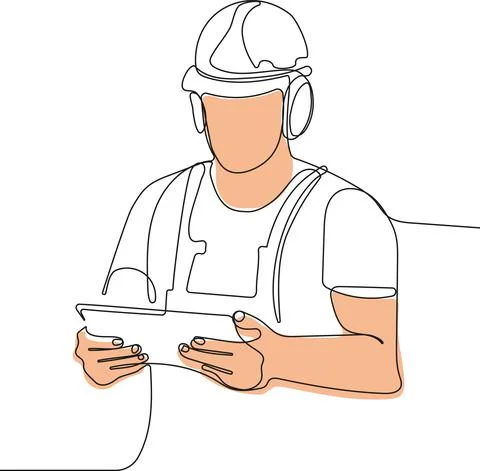 Caucasian worker with helmet on head using tablet Illustrazione stock