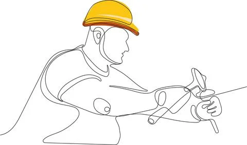 Caucasian worker with helmet on head using tablet Illustrazione stock