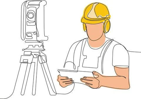 Caucasian worker with helmet on head using tablet Illustrazione stock
