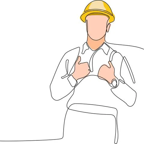 Caucasian worker with helmet on head using tablet Illustrazione stock