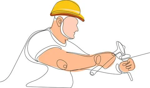 Caucasian worker with helmet on head using tablet Illustrazione stock