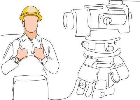Caucasian worker with helmet on head using tablet Illustrazione stock