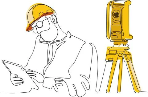 Caucasian worker with helmet on head using tablet Illustrazione stock