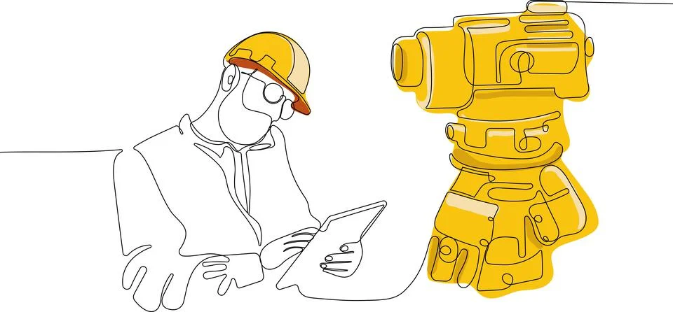 Caucasian worker with helmet on head using tablet Illustrazione stock