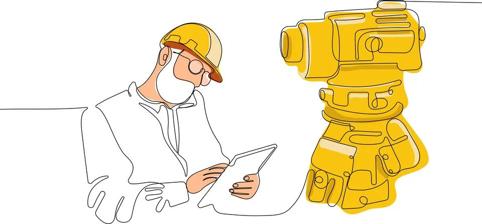 Caucasian worker with helmet on head using tablet Illustrazione stock