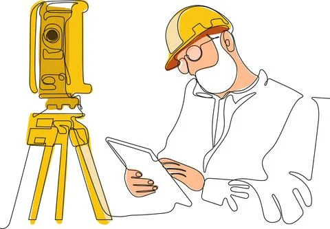 Caucasian worker with helmet on head using tablet Stock Illustration