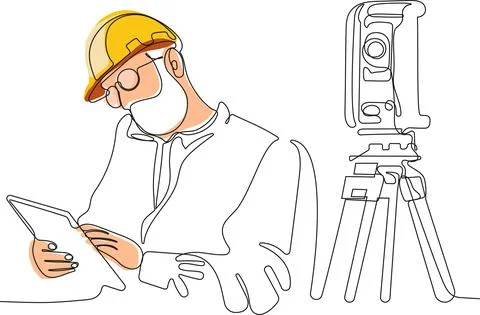 Caucasian worker with helmet on head using tablet Stock Illustration