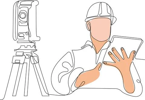 Caucasian worker with helmet on head using tablet Illustrazione stock