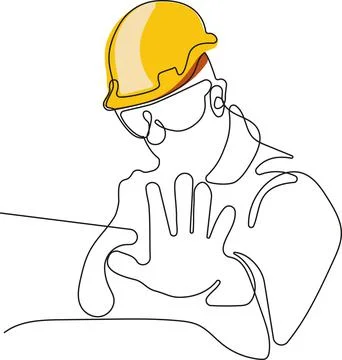 Caucasian worker with helmet on head using tablet Stock Illustration