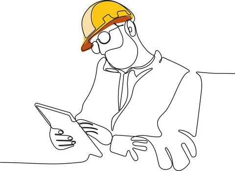 Caucasian worker with helmet on head using tablet Stock Illustration