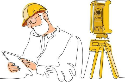 Caucasian worker with helmet on head using tablet Stock Illustration