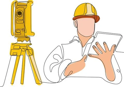 Caucasian worker with helmet on head using tablet Stock Illustration