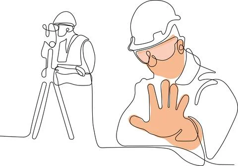 Caucasian worker with helmet on head using tablet Stock Illustration