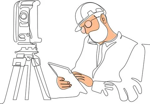 Caucasian worker with helmet on head using tablet Illustrazione stock