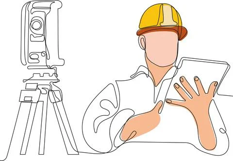 Caucasian worker with helmet on head using tablet Illustrazione stock