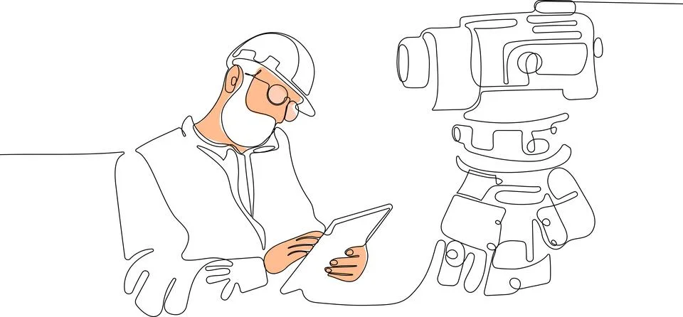 Caucasian worker with helmet on head using tablet Illustrazione stock