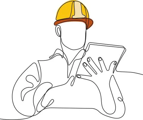 Caucasian worker with helmet on head using tablet イラスト素材