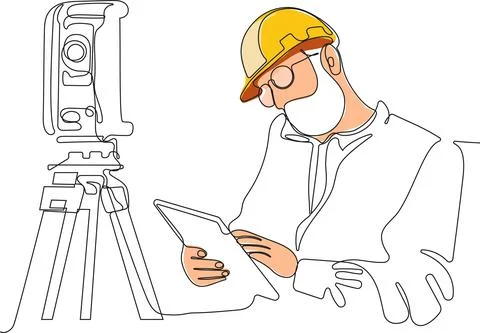 Caucasian worker with helmet on head using tablet Illustrazione stock