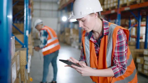 Caucasian worker using a tablet checking inventory in the warehouse Stock Footage 164238067
