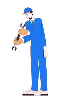Caucasian worker with wrench 2D linear cartoon character Illustrazione stock