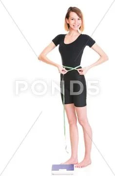 Caucasian young woman weight scale looking camera isolated white Stock Photos