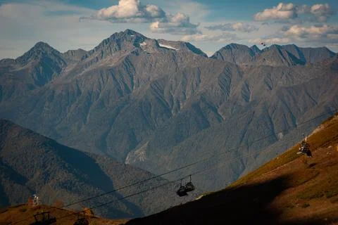 The Caucasus mountains in the rays of the setting sun Stock Photos