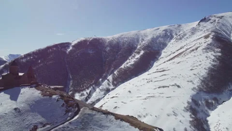 Caucasus range, Gergeti temple, highland region of Georgia Video stock 178044744