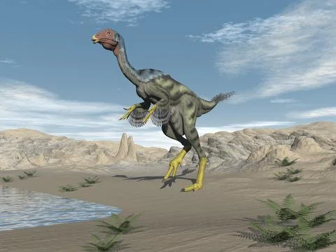 Caudipteryx dinosaur in the desert - 3D render Stock Illustration