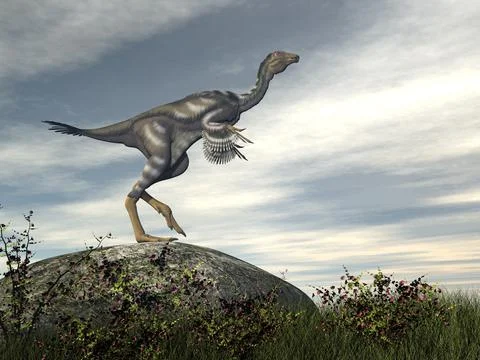 Caudipteryx dinosaur on a rock - 3D render Stock Illustration