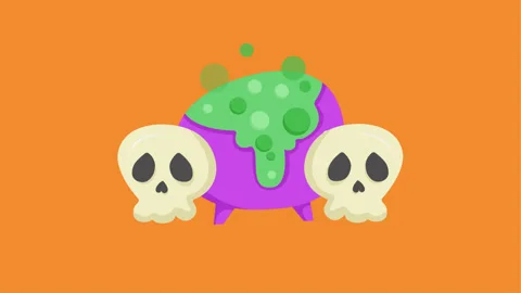 Cauldron and Skulls With Orange Background. 4k Animation Stock Footage 283416464