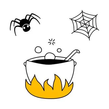 Cauldron and spider web in doodle drawing style. Halloween icon Stock Illustration