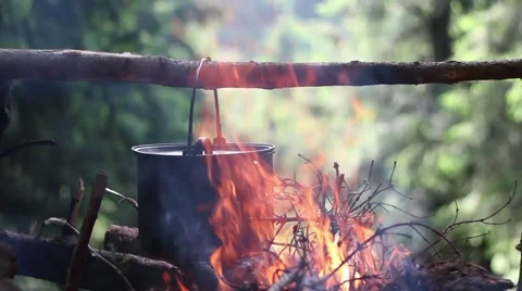 The Cauldron On The Big Fire In The Wood Stock Footage 64644809