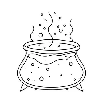 Cauldron with boiled potion and bubbles. Halloween element. Hand drawn dood.. Stock Illustration