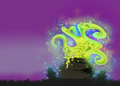 Cauldron with a boiling magic potion on an abstract background Ilustração Stock